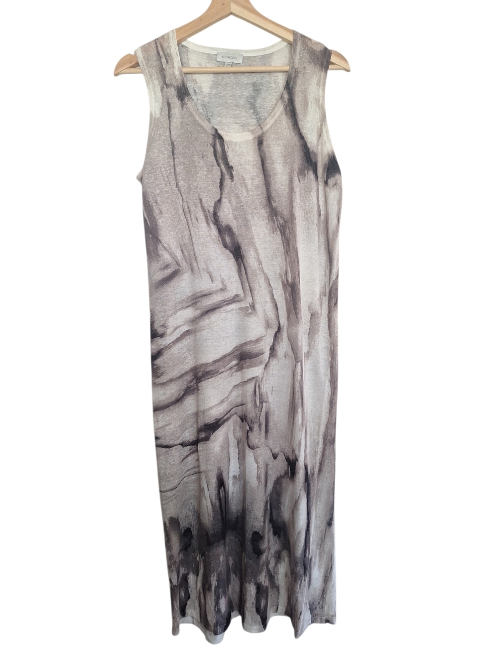 Kinross Cashmere 100% Linen Waterfall Print Tank Midi Dress White and Gray S